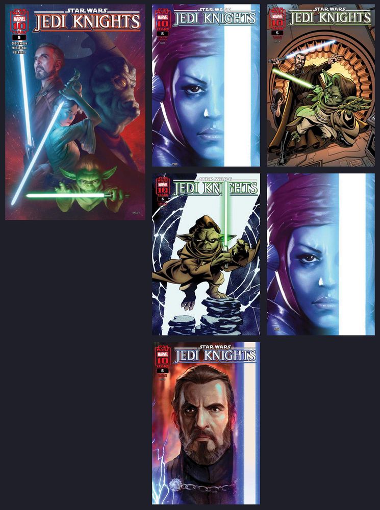 Multiple covers for Star Wars: Jedi Knights #5 that's due out on Marvel Unlimited the week of Oct. 6. Subjects include Count Dooku, Aayla Secura and Yaddle.