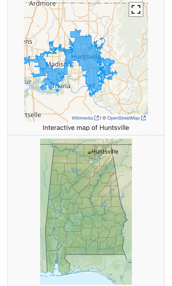 Huntsville on a map, nowhere near the blue part of Alabama 