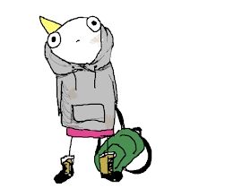 An excerpt from the web comic, Hyperbole and a Half: An illustrated person, in a slightly elevated stick-figure style, stands alone against a white background. They're wearing a grey, dirty hoodie, a pink skirt, and olive green boots. By their side, a forest green backpack hangs limply from their  weak grasp. The person's facial expressions is blank; we are meant to understand they're having a nervous breakdown.