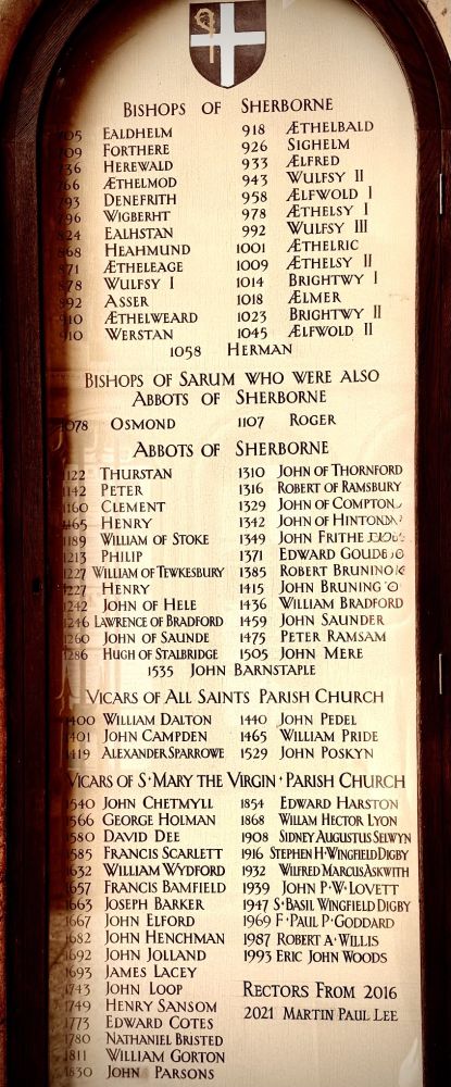 List of names of Bishops and Abbots of Sherborne from 705 to 2021.

See: https://en.wikipedia.org/wiki/Bishop_of_Salisbury
