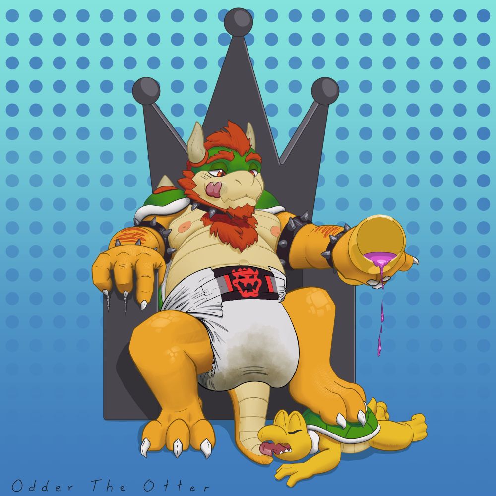 King Bowser on his throne, gold wine glass in hand, cushioned by a suitably large and suitably wet diaper. A subservient Koopa troops serves as a footstool.