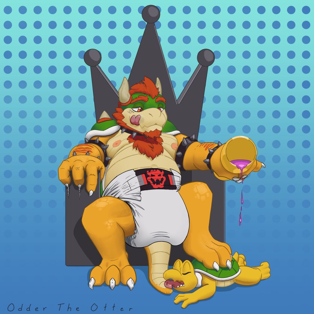 King Bowser on his throne, gold wine glass in hand, cushioned by a suitably large diaper. A subservient Koopa troops serves as a footstool.