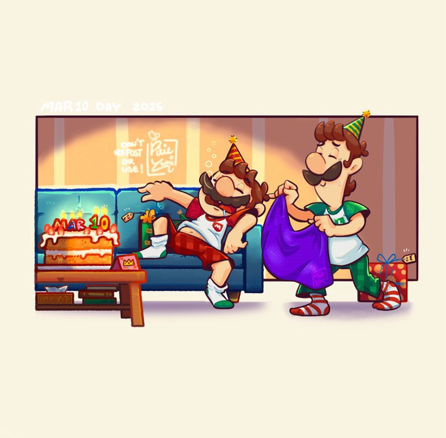 Poor Mario, couldn’t stay awake till Luigi arrived with the cake and fell asleep before they got the time to celebrate their day off together 🥺 he had a busy week.. 
( don’t worry he woke up soon after to eat the cake 👁️) 