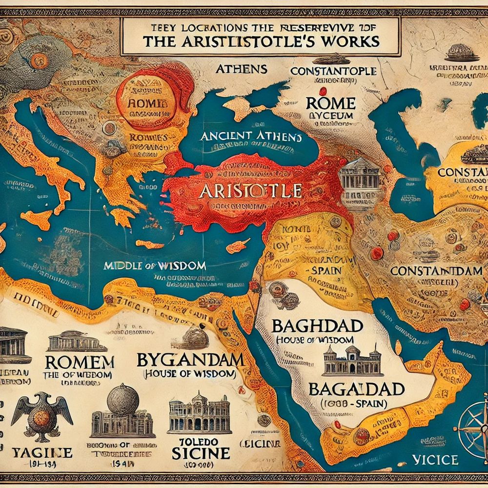 An image generated by Dall-E, trying to map all the places where Aristotle's work has been preserved, failing miserably to render names, put correct labels into places etc. yay for ai generated content I suppose.