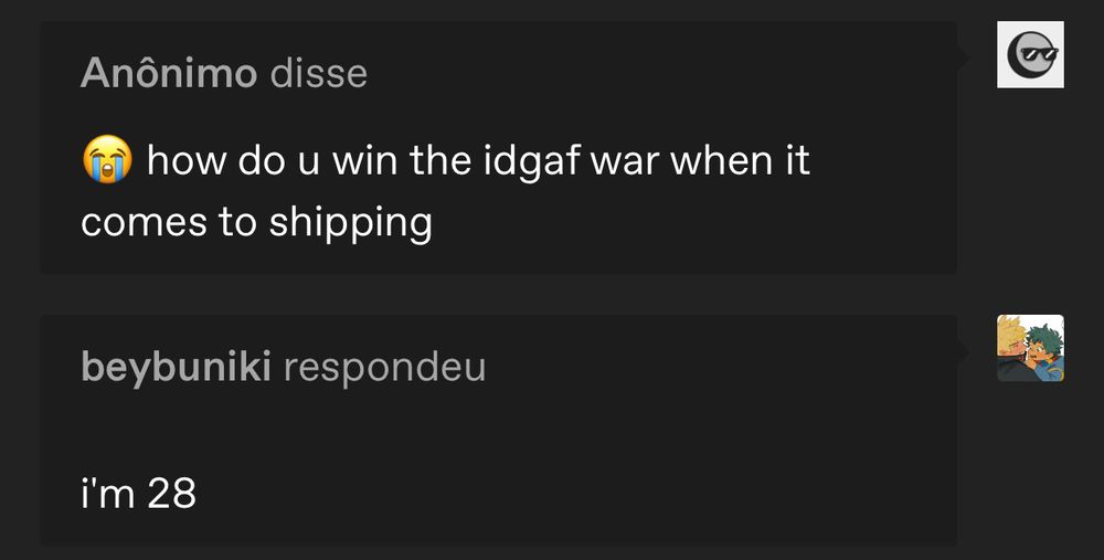 anon ask on tumblr: how do you win the idgaf war when it comes to shipping?

user beybuniki answers: I’m 28 