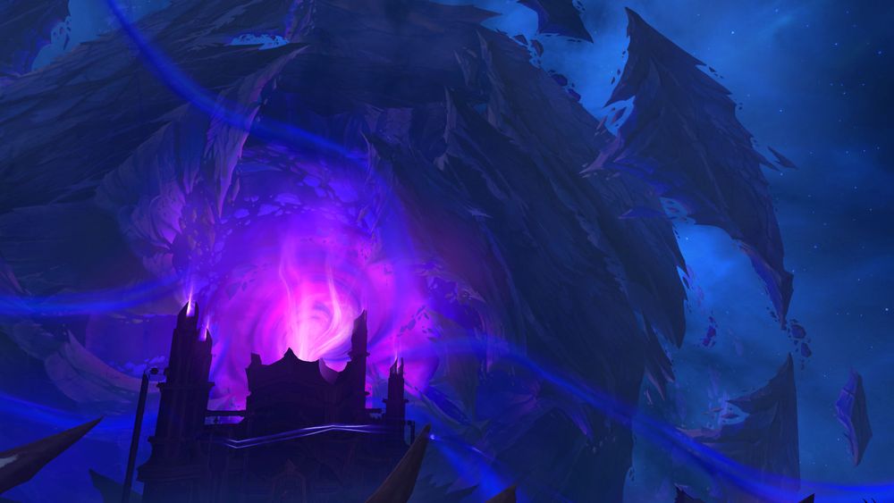 A screenshot of an eerie purple portal in the sky behind a spire