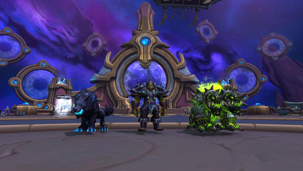 An orc hunter with his pets standing in Tazavesh in the video game World of Warcraft. Many purple swirling portals are behind him in the sky