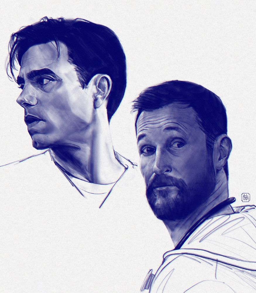 Digital portrait illustrations of The Pitt characters Dr. Langdon (Patrick Ball) and Dr. Robby (Noah Wyle) 