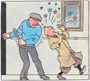 A comic strip panel of Tintin getting hit on the head