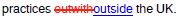 A snippet of an editorial trace document, showing the word outwith has been replaced by the word outside