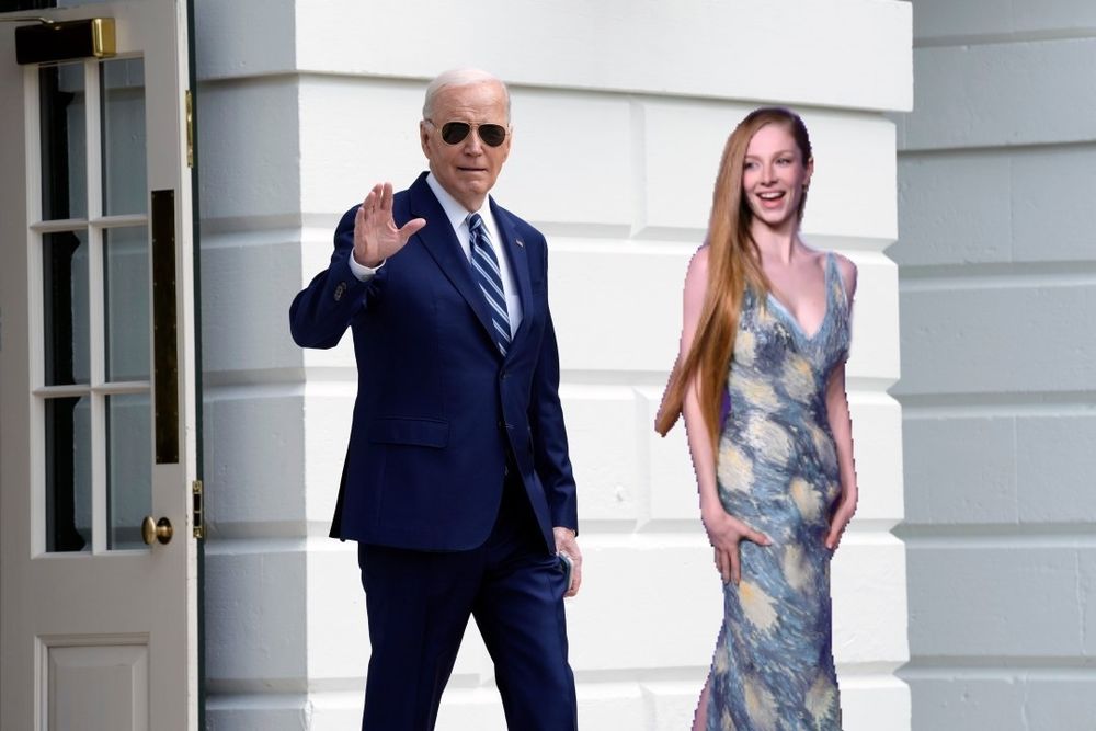 Cisgender President Joe Biden and actress Hunter Schafer is photoshopped next to him