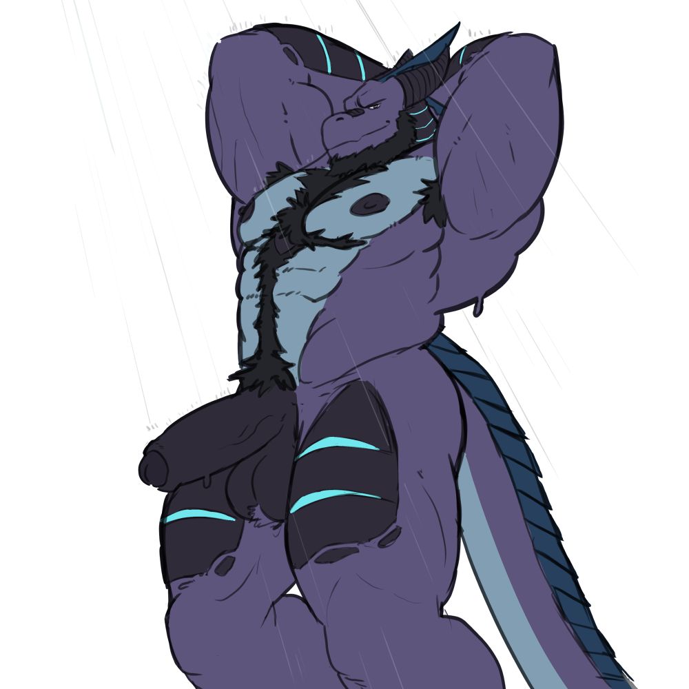The dragon Lothar taking a hot shower, water cascading down his body. He is partially erect.