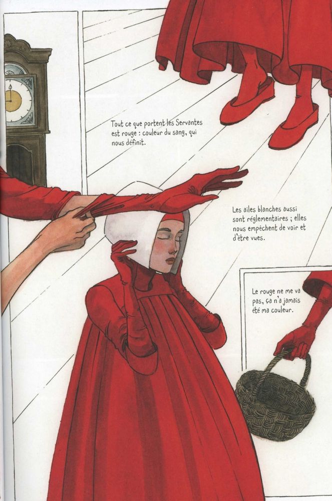 Extrait, la servante s'habille de vêtements rouges et coiffe blanche, un panier