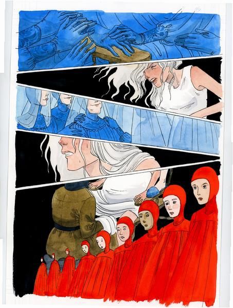Extrait de l'accouchement de Janine qui souffre en blanc, les épouses en bleu attendent en souriant, les servantes en rouge attendent alignées l'air inquiet 