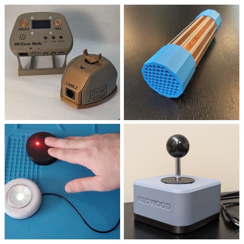 A Willow Joystick, a Musical Grasp Training Aid, a Round Touch 60 Assistive Switch, and a Redwood Joystick