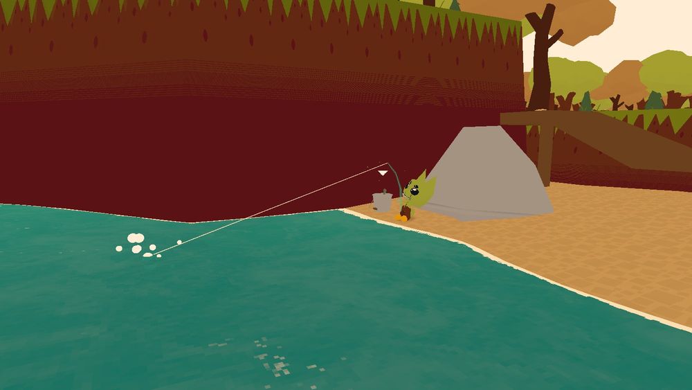 Webfishing screenshot showing a green cat with four eyes fishing alone, in the process of reeling in a catch.