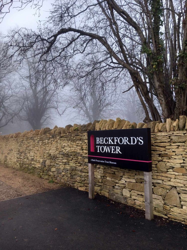 Beckford's Tower sign in mist