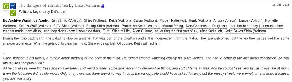 AO3 screenshot for the summary and tags for "The dangers of Ydradic tea" which you can read here: https://archiveofourown.org/works/16941957/