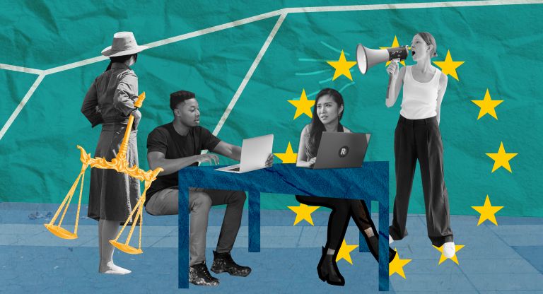 4 characters on the photo, one holding a golden (legal) scale, 2 are on the laptop, sitting, one is holding loudspeaker. In the background some EU stars 
