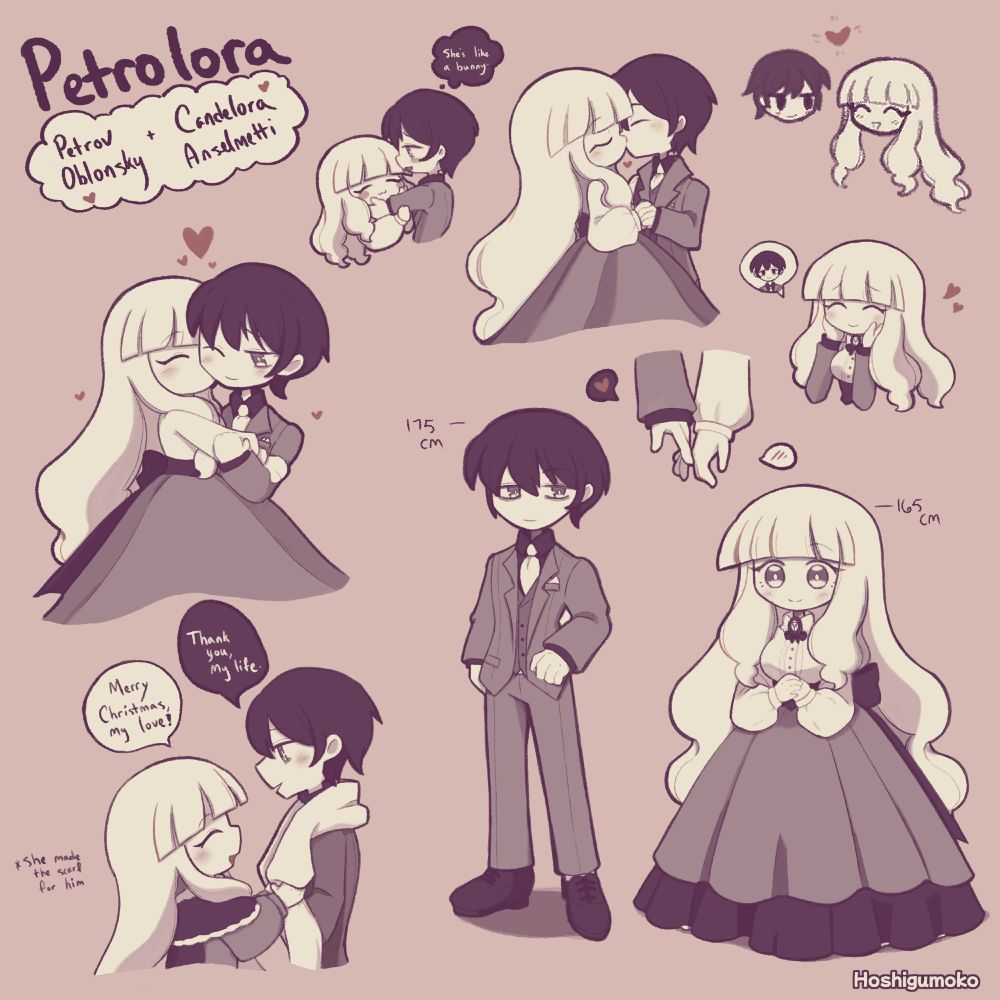 Doodles of my character Candelora and my friend Gellaby's character, Petrov. The doodles are of them doing cute couple things together. 