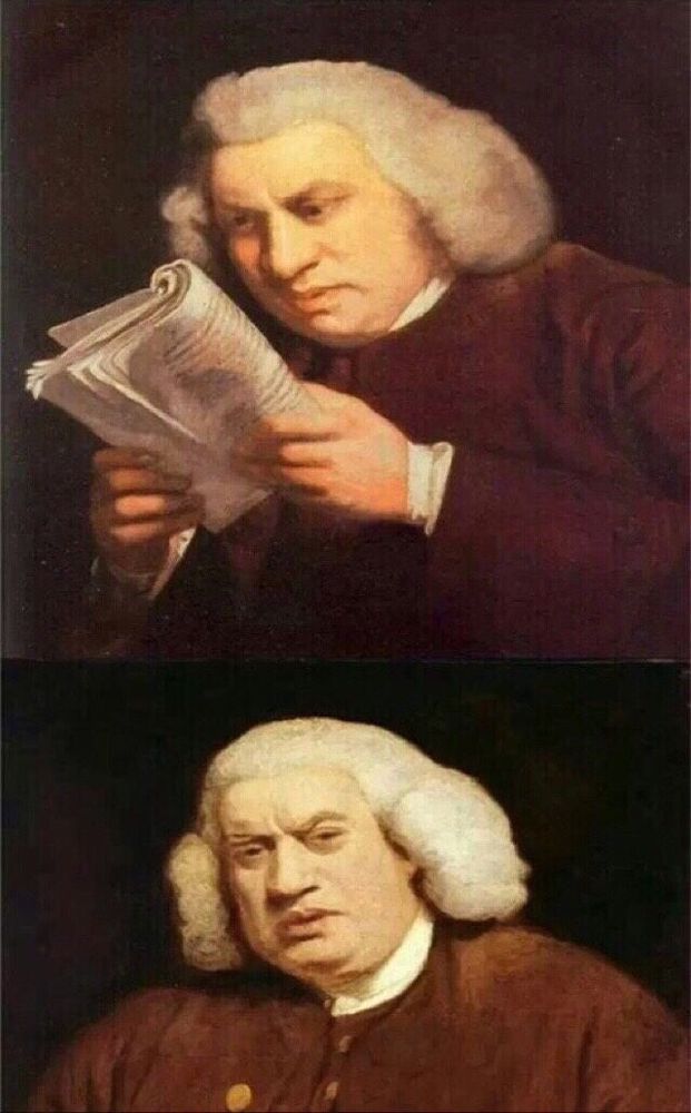 panel 1: Samuel Johnson reads a book, squinting slightly, showing indignation
panel 2: Sam looks at the viewer, with a look of "can you believe this shit?"