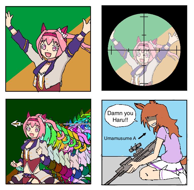 a comic about haru urara from umamusume deftly dodging a sniper shot from a cruel umamusume