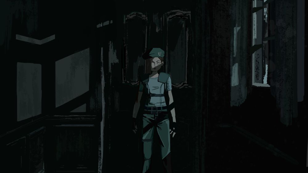 painting of jill valentine in a hallway from resident evil 1