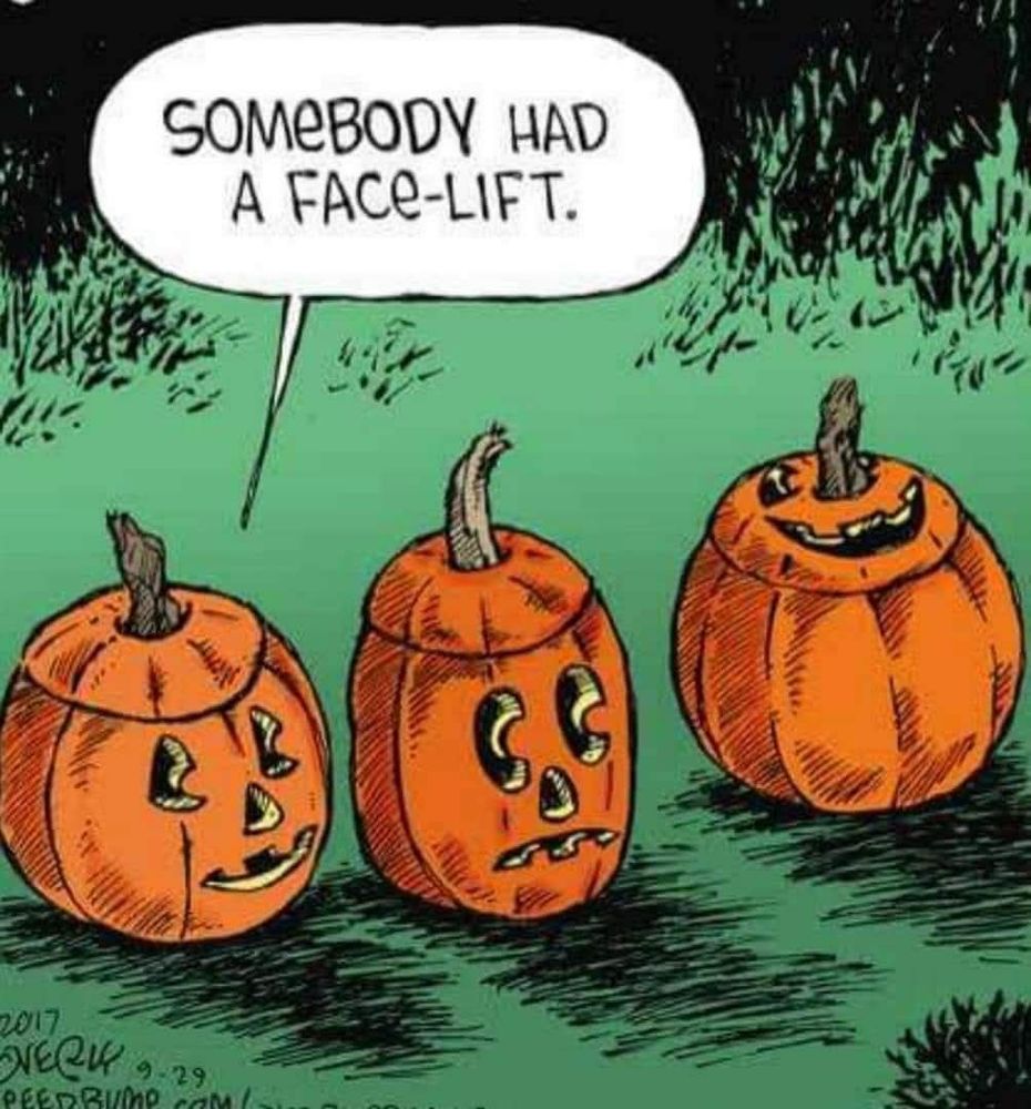 Two carved pumpkins looking at a third one with the carving on top of the pumpkin. The caption is: somebody had a facelift. 