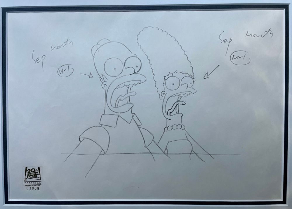 Pencil drawing of Homer and Marge from the shoulders up. Both mouths wide open with thin crooked tongues sticking out. Eyes wide open!

‘Sep Mouth’ tells the animator the mouth and tongue will be moving in the next scene. 