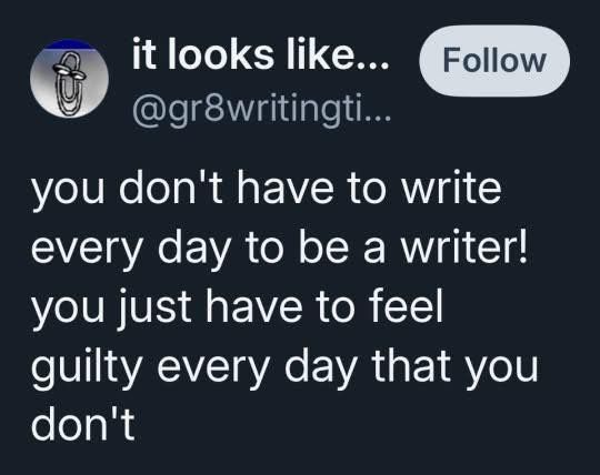 “You don’t have to write every day to be a writer. You just have to feel guilty when you don’t.”