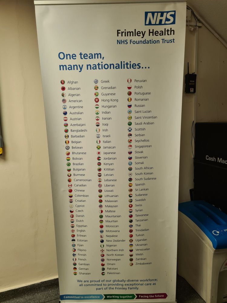 A banner saying "One team, many nationalities" and listing around 80 places staff at the hospital come from around the world