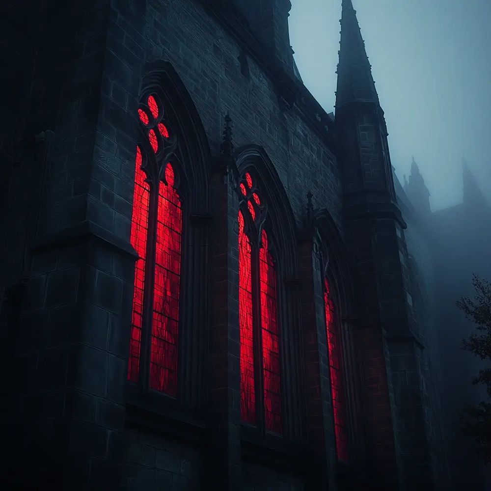 The red stained windows on a gothic castle.