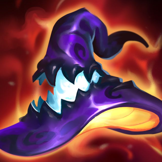 Picture of Rabadons death cap, an item from league of legends that depicts a blue wizard hat with the shape of a mouth in the middle with sharp teeth