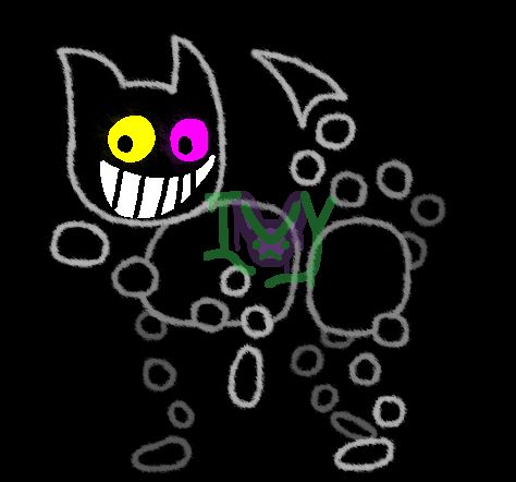 a drawing depicting a more "full" form of image_friend from deltarune. it's a cat made out of circles, white outsides and black insides, not too dissimilar to the game series "catz". it's face has one yellow eye, and one pink eye, with irises of black for both, and a white toothy grin, similar to the chesire cat. the tail also notably ends in a sharp point. the art is also watermarked by the artist, put near-directly into the center