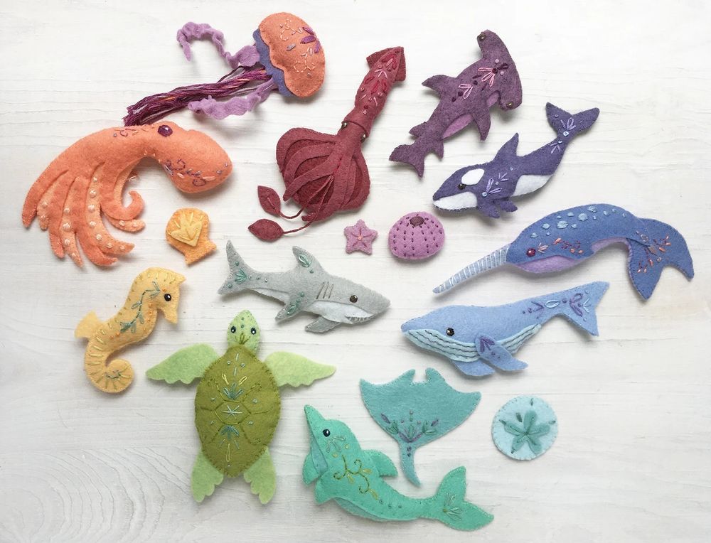 This listing is for all 4 of PDF pattern sets which will give you instructions, templates and patterns to make all of the creatures pictured: Octopus, Narwhal, Jellyfish, Dolphin, Sea Horse, Sea Turtle, Great White Shark, Manta Ray, Blue Whale, Giant Squid, Hammerhead Shark, Orca Whale plus a tiny starfish, seashell, sand dollar and sea urchin