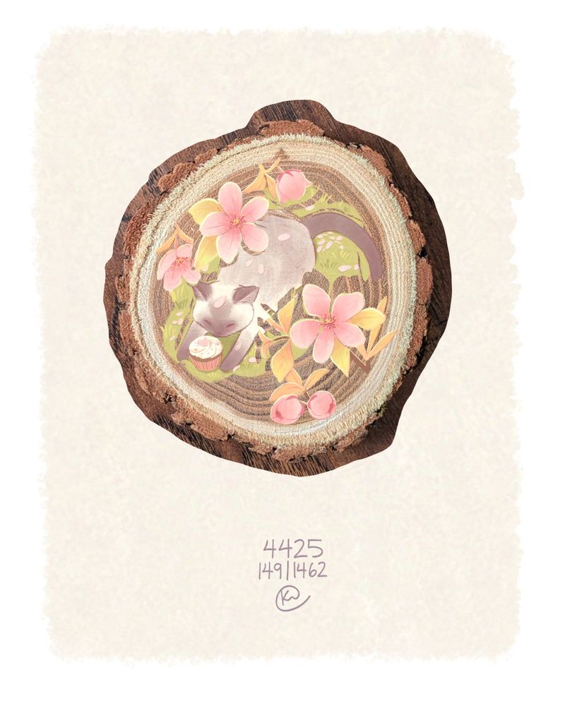 photo of a different wood slice with a digital illustration of the siamese and blossoms and cupcake rearranged because i messed up the first one so I thought maybe i need to just start all over. except i have very limited wood slices