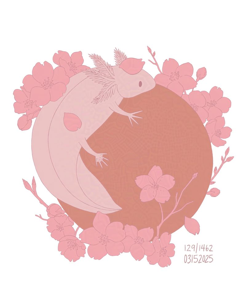 final linework and flats done for the axolotl and sakura blossoms and blood moon