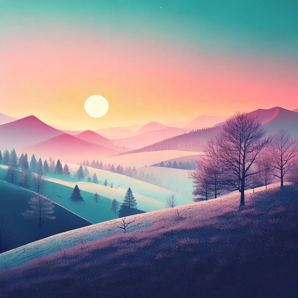 Winter landscape with hills and trees, hazy morning, cold air, rising sun