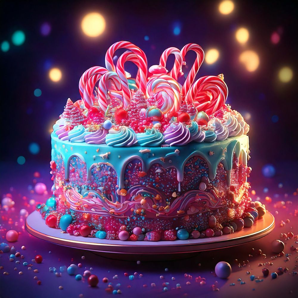 Beautiful cake decorated with cream, sprinkles, candy and candy canes, Christmas lights in the background
