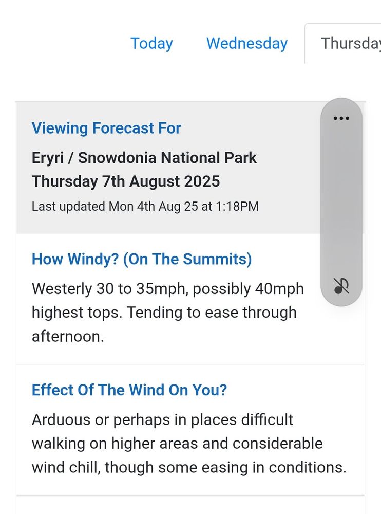 Screenshot of the mountain weather information service forecast for Eryri for Thursday showing high winds and 