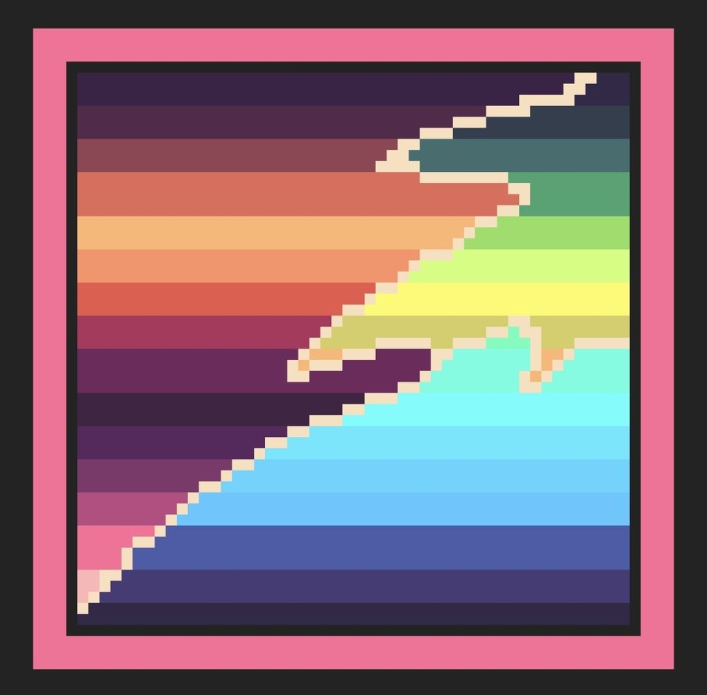 An abstract album art. It has a pink and black borders but in the middle shows very many stripes of various colors that are seperated by a large crack like ripple through the middle and side.