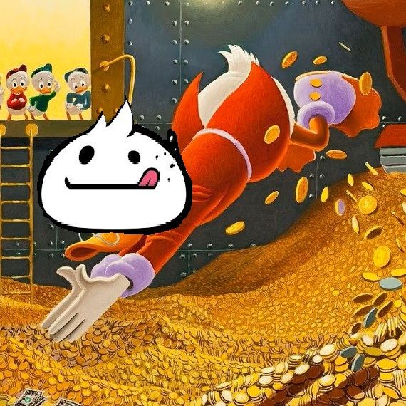 Fud, Second Dinner's dumpling mascot, sloppily superimposed over the head of Scrooge McDuck, seen here diving into his hoard of gold coins as his nephews look on in a mixture of admiration and horror.