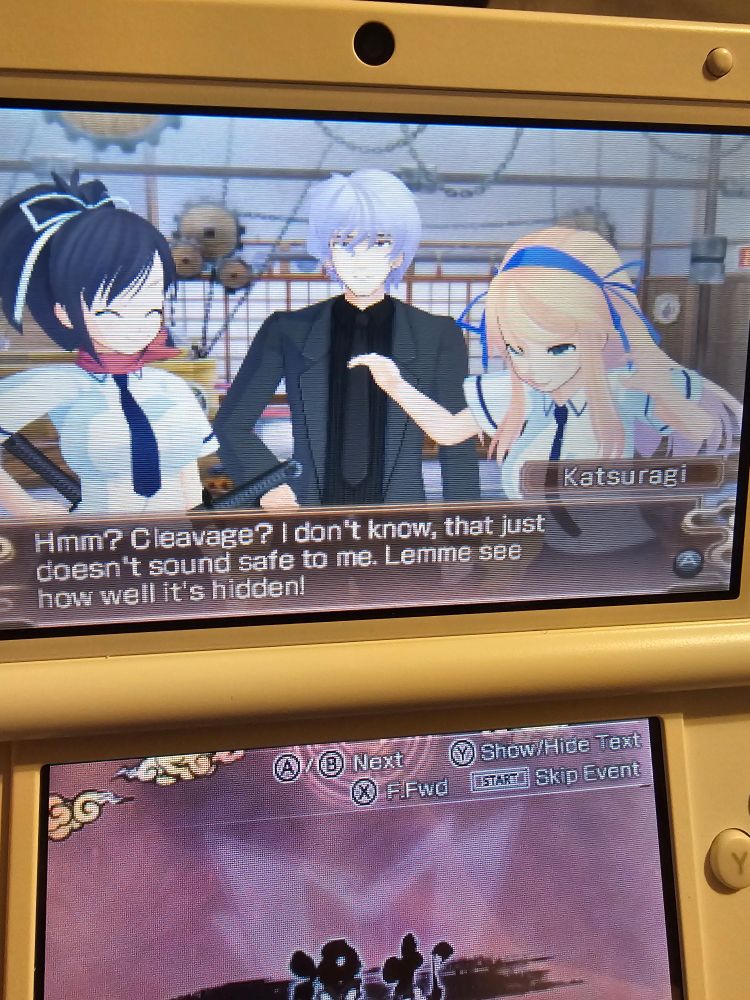 Photo of a 3DS playing Senran Kagura Burst. Katsuragi is making a groping motion while grinning and staring at Asuka; text reads: "Hmm? Cleavage? I don't know, that just doesn't sound safe to me. Lemme see how well it's hidden!"