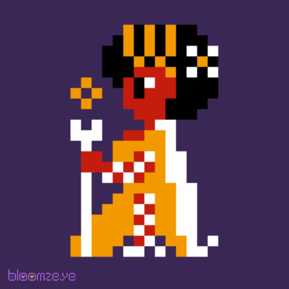 Image Description: A 16-bit, pixel art illustration of Bloomzeye wearing a three-spiked gold crown, a gold gown with a side-slit, and a full white cloak flowing down their back. Orange pixels are used for their brown skin, and they have a black-haired afro with a white and yellow bud flower on it, and their one visual eye has white eyeliner. They are holding a white, two-prong scepter, with a yellow star floating above it. Pixel Bloomzeye’s only visible arm and leg are dressed in a white fishnet each, and they are wearing a white stiletto heel. The "bloomzeye" artist name is in the bottom corner, with a hearts inside the "b" and two "o's". The background is dark purple. END ID