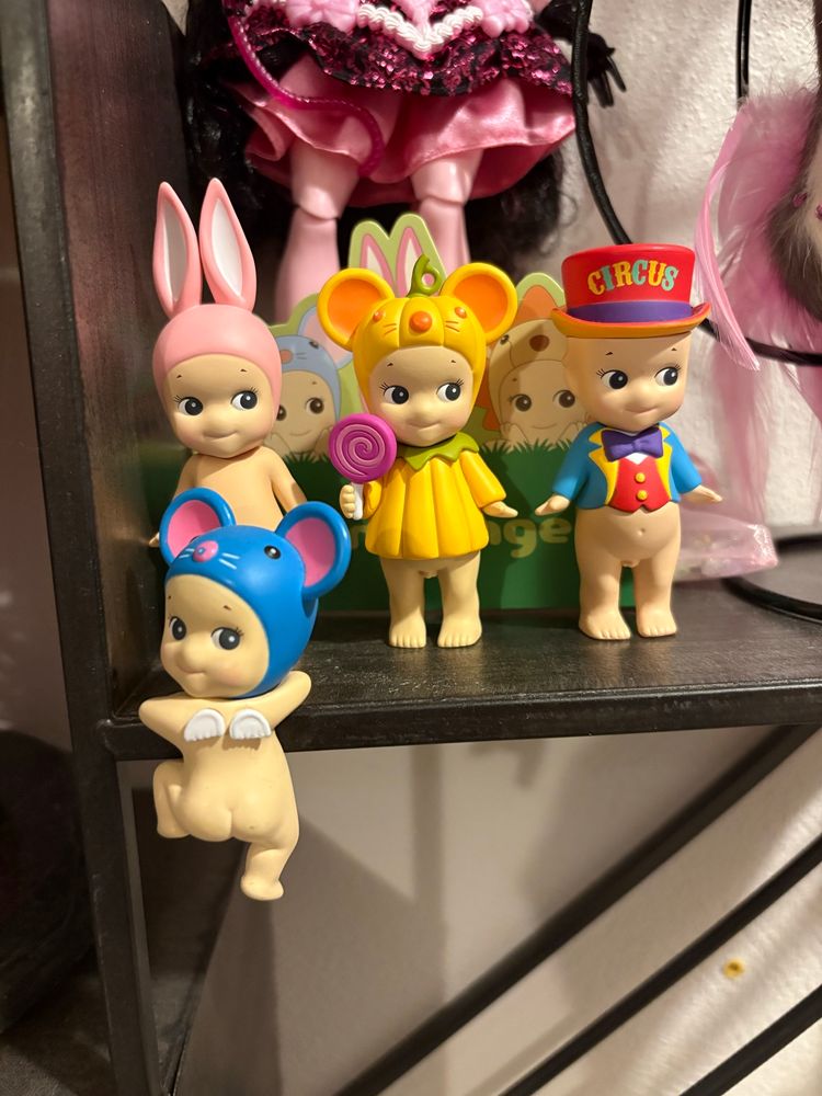 my 4 sonny angels including blue mouse hipper, pink bunny, circus leader, and frog pumpkin