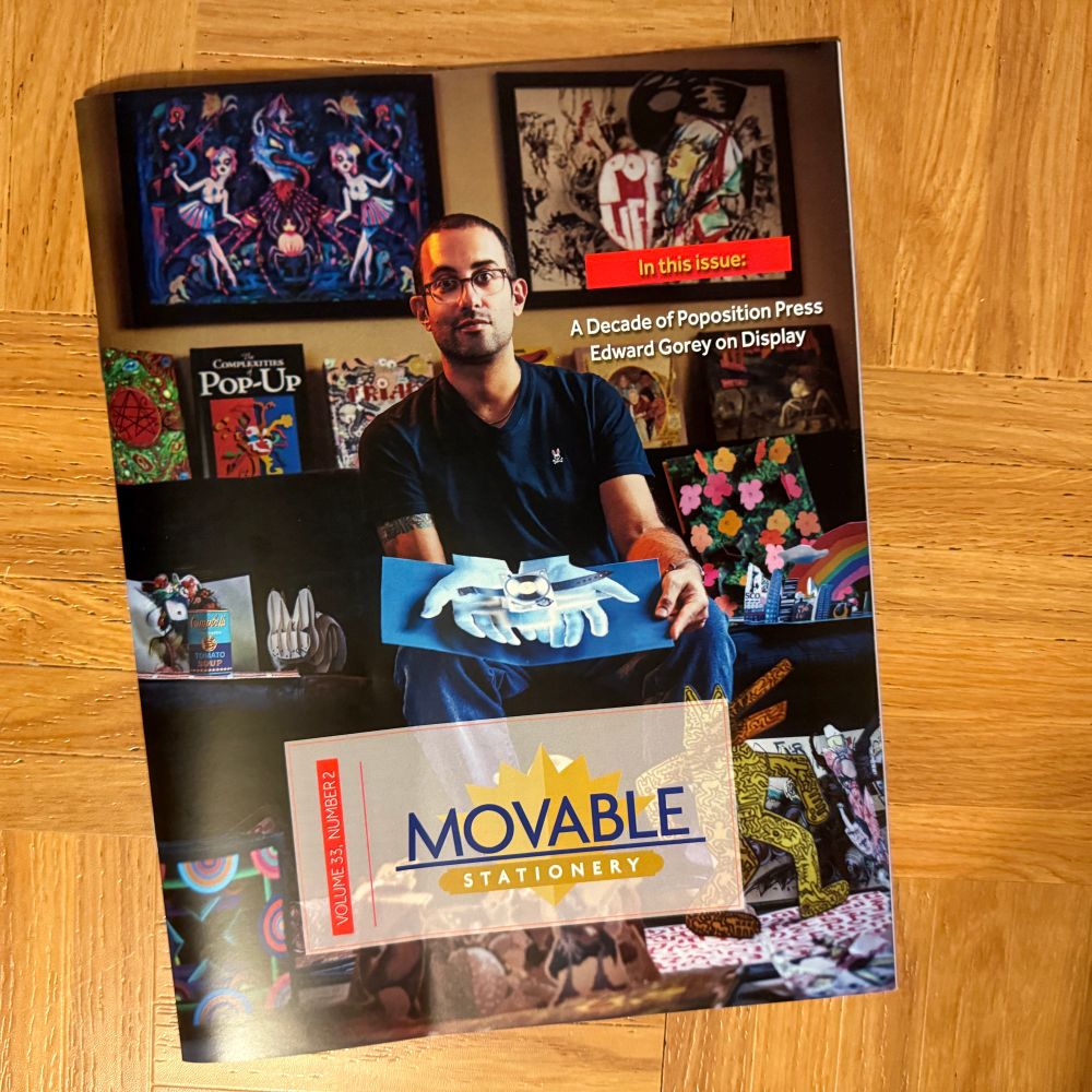 MOVABLE STATIONERY vol 33 no 2 (June 2025) from the Movable Book Society cover featuring Poposition Press, edited by paper engineer Bruce Foster.