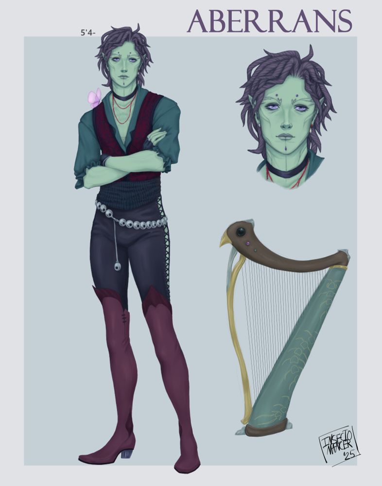 Reference art for a pale green sylvari from the game Guild Wars 2 with dusty violet fronds and violet eyes. There is also an image of a harp.