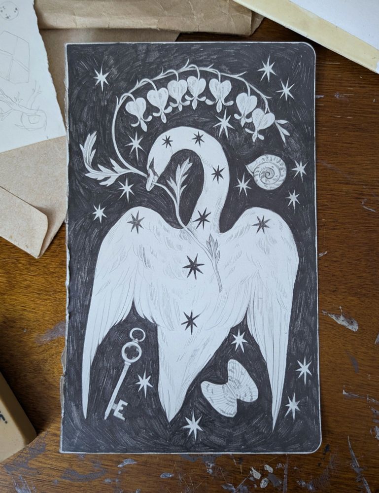 Pencil drawing of a swan with black stars, holding a bleeding heart flower stem. Around it are shells, stars and a small key