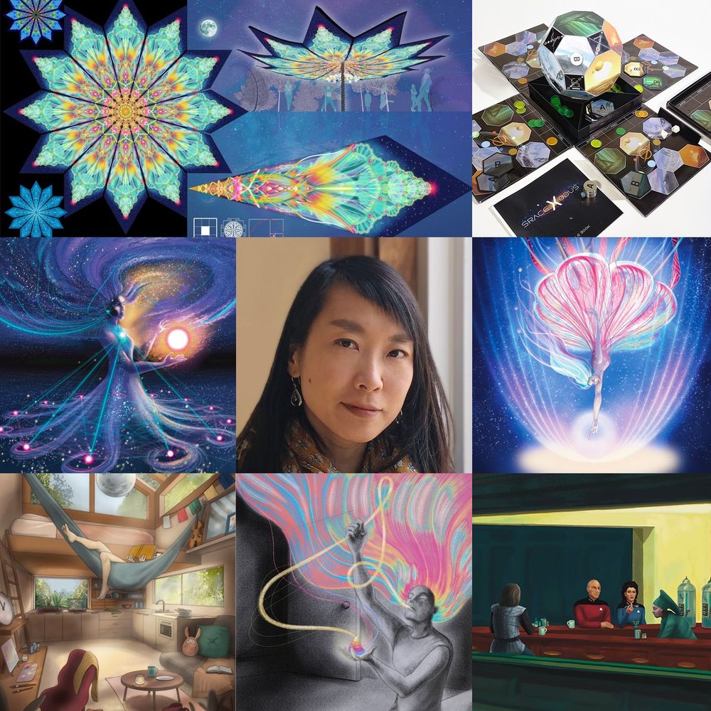 Art by Kimberley Mok. Illustrations of large-scale mandala canopy. Polyhedral board game. Galactic woman made of stars and Ramsey theorem. Woman in jellyfish dress hurtling toward a glowing conscious singularity. 'Cluttercore' painting of tiny house and woman in hammock. Woman eating her own colourful hair. Parody painting of Edward Hopper's 'Nighthawks' combined with Star Trek: The Next Generation.