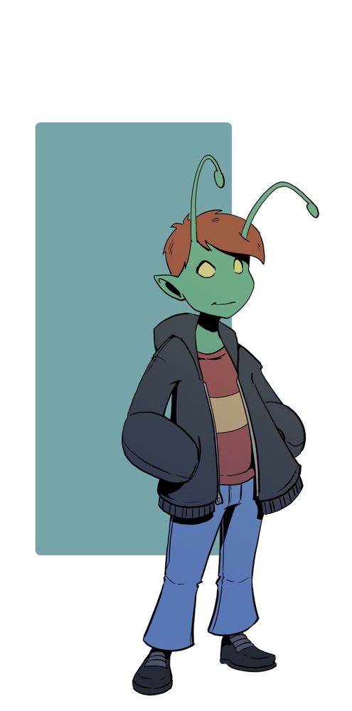 Bob. A little green man with antennas wearing a black hoodie and jeans.